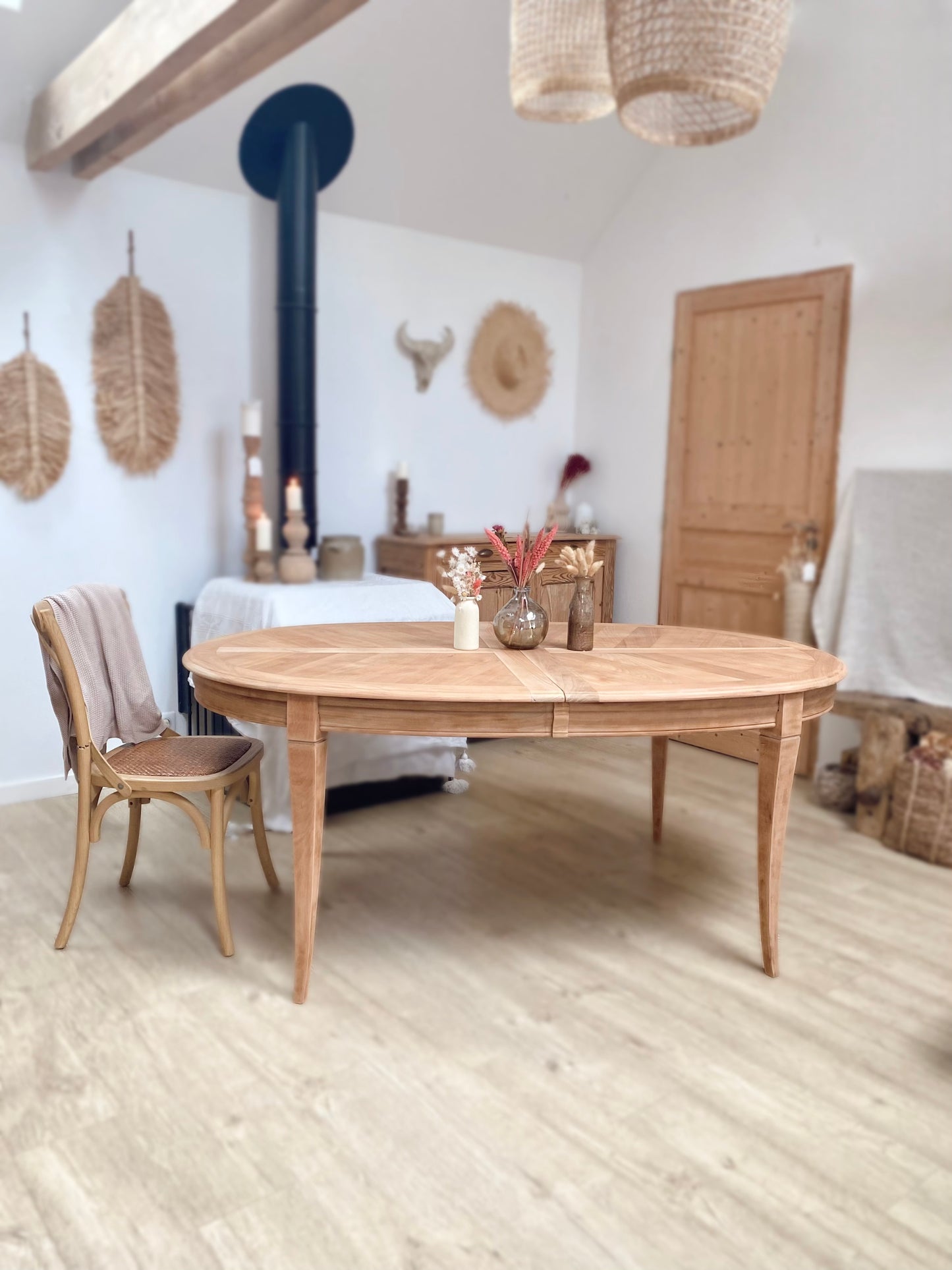 Table ancienne en merisier massif avec double rallonge