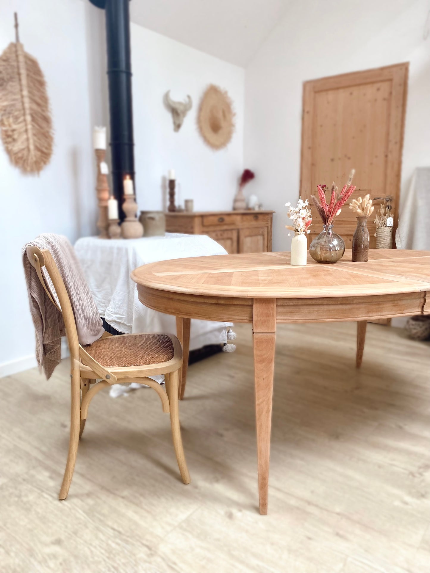 Table ancienne en merisier massif avec double rallonge